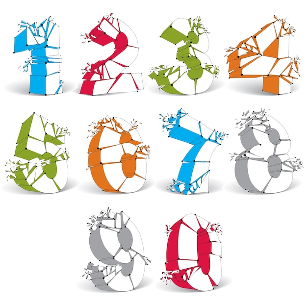 set of 3d vector colorful wireframe numbers broken into different fragments, geometric polygonal numeration with lines mesh. low poly shattered typescript, perspective lattice elements.