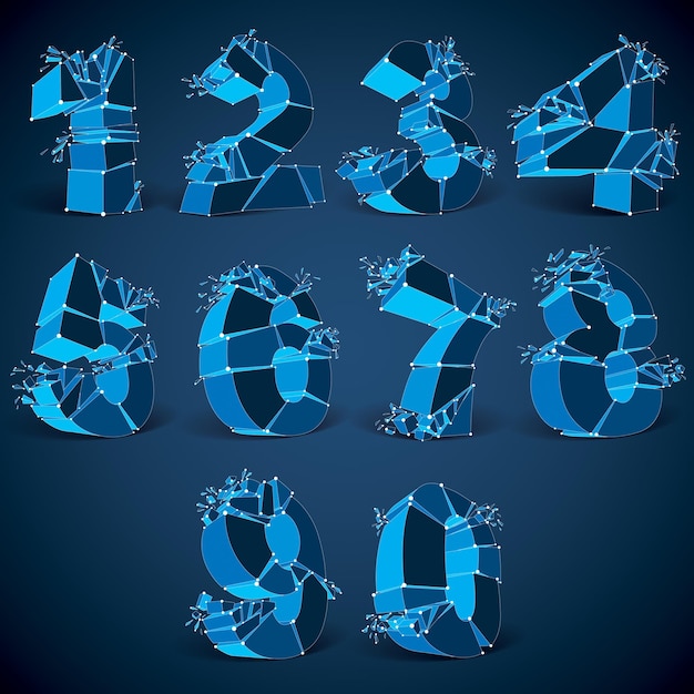 set of 3d vector low poly blue numbers with white connected lines and dots, geometric wireframe luminescent font with fragments. perspective shattered numeration with thread.