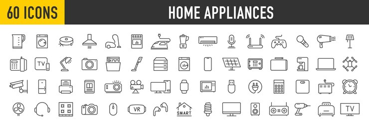 Vector set of 60 home appliances web icons in line style household appliance vacuum cleaner refrigerator tv cooking entertainment conditioning dishwasher collection vector illustration