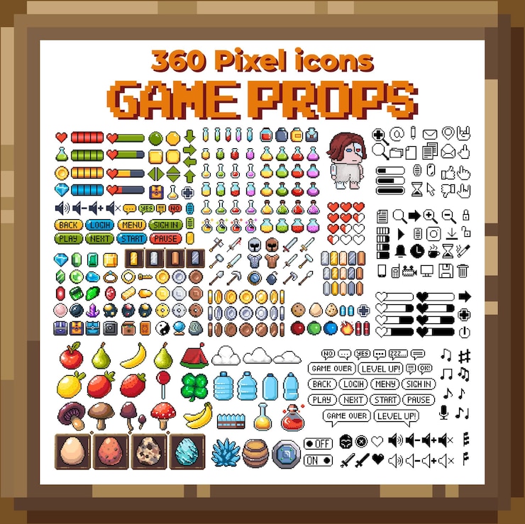 Vector set of 8bit pixel graphics icons isolated vector illustration game art weapons jewelry