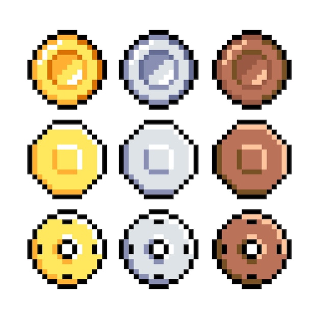 set of 8bit pixel graphics iconsisolated vector illustrationgame artcoins of bronze goldsilver