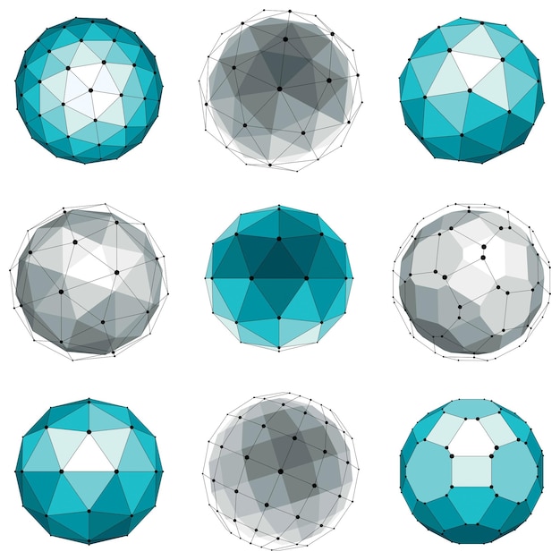 Set of abstract 3d faceted figures with connected lines. Vector low poly design elements collection, scientific concept. Cybernetic orb shapes with grid and lines mesh, network structure.