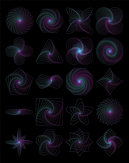 set of abstract fractal objects on a black background