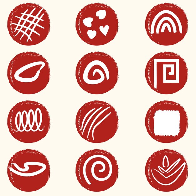 Set of abstract hand drawn elements collection of circle shape stripes dots lines in red background
