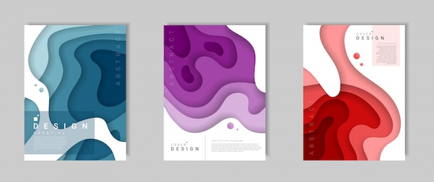 Set of abstract modern cover template with dynamical colored forms and waves