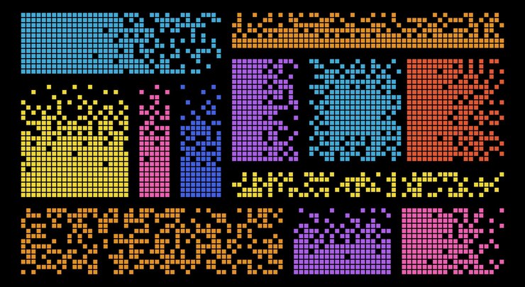 Set of abstract pixelated color rectangle and square Multicolor geometric shape with broken pixel Design elements Dispersed dotted pattern