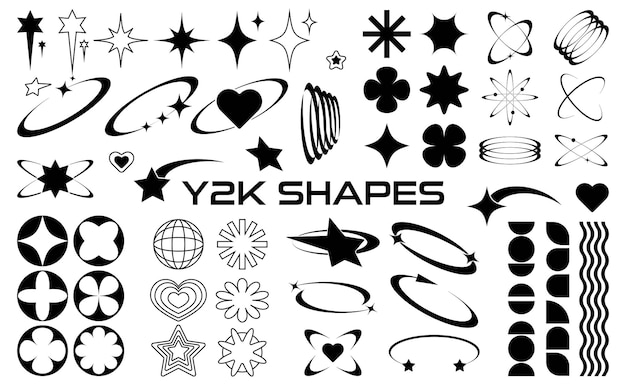 Set of abstract retro futuristic Y2K elements and shapes isolated on a white background