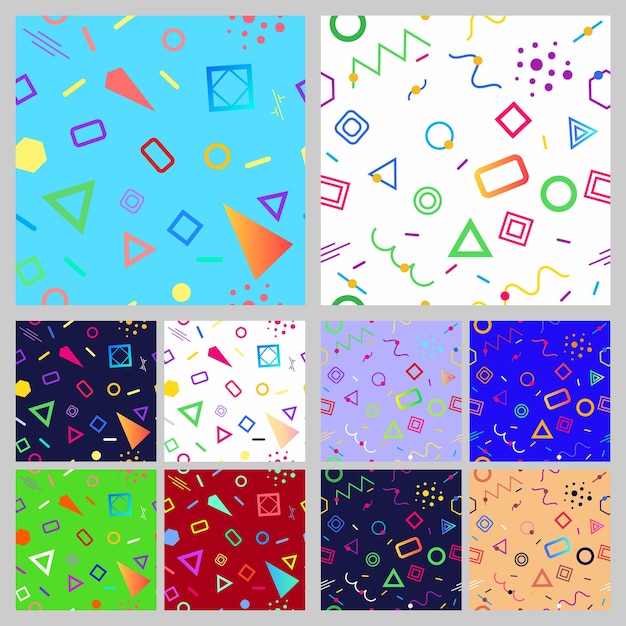 Set of abstract seamless patterns of geometric shapes in Memphis style