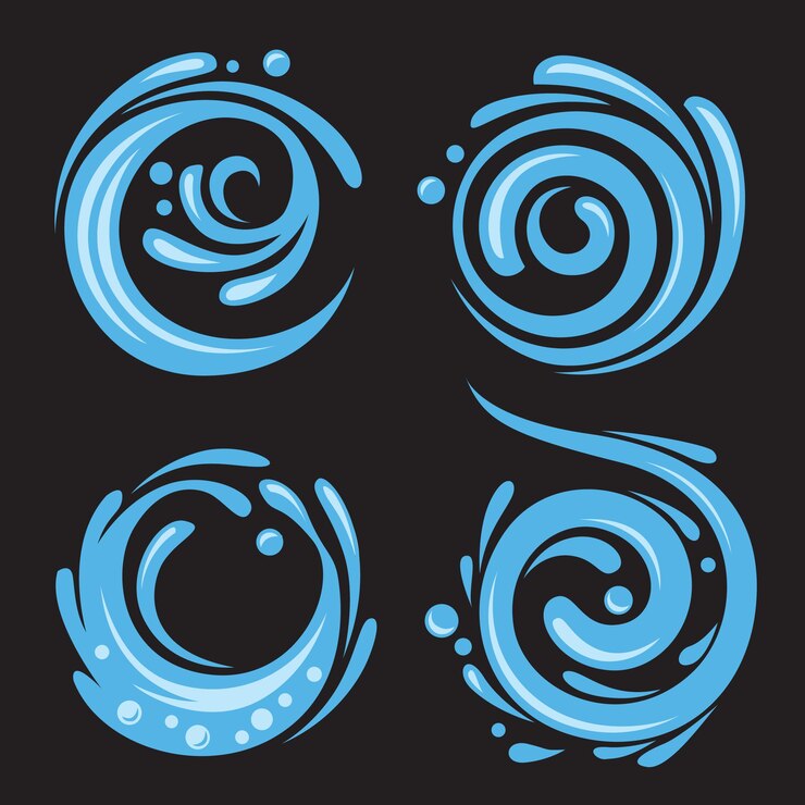 Vector set of abstract water icons on black background