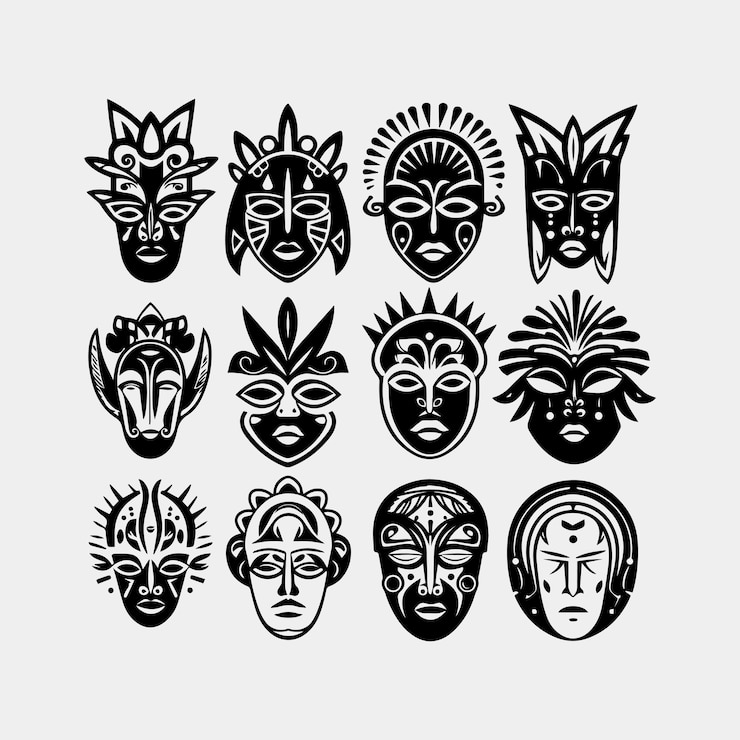 Vector set of african tribal masks collection of different indian aztec mask on white background