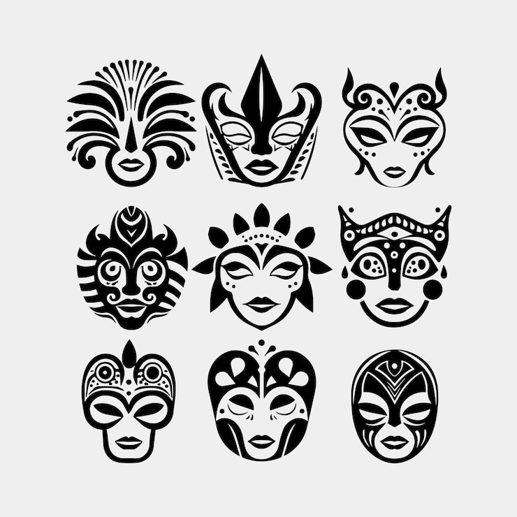 Vector set of african tribal masks collection of different indian aztec mask on white background