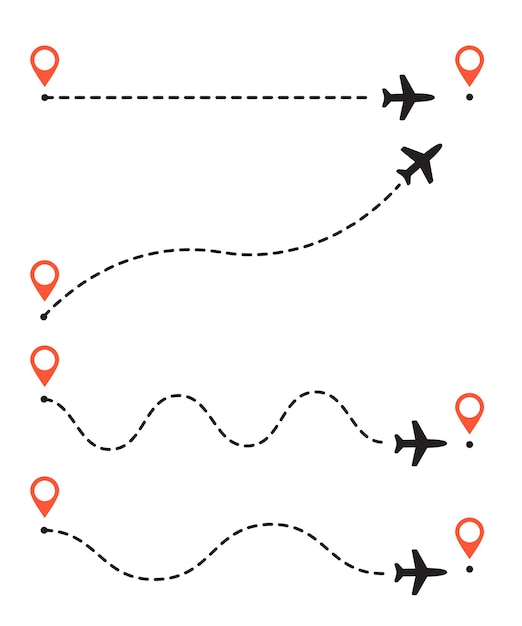 Set of airplane line route from start and finish Flight with point to point