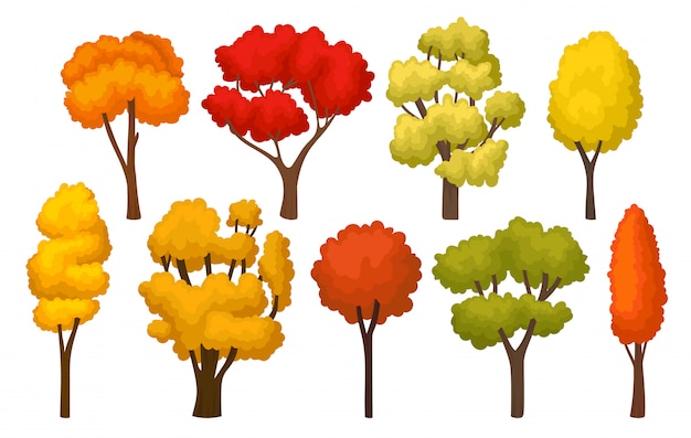   set of autumn trees with bright leaves. forest plants for mobile game. nature theme