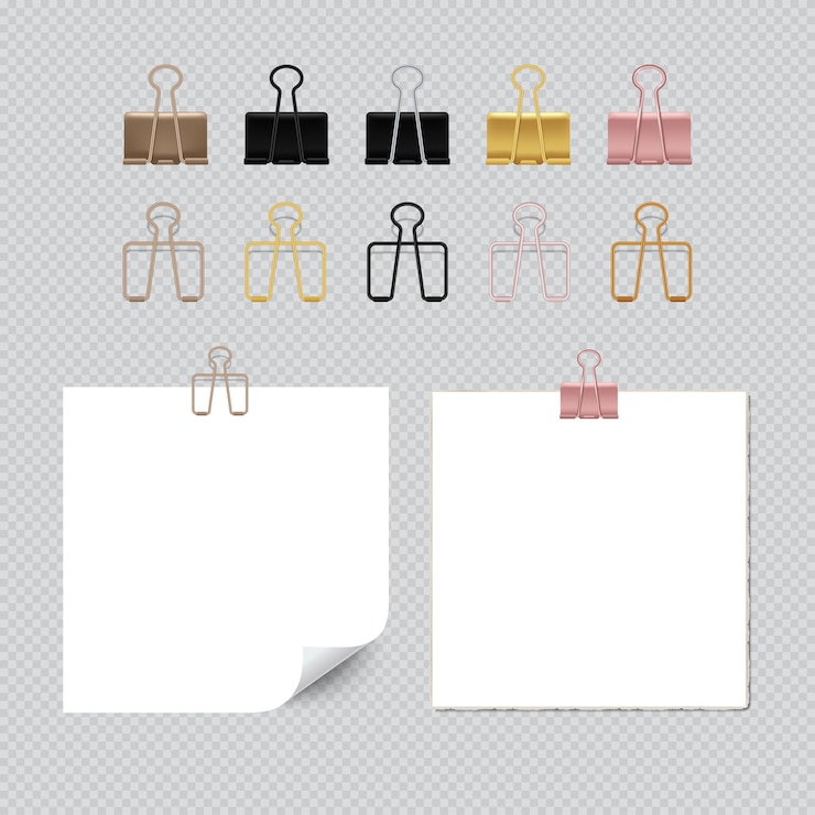 Vector set of binder clamp fasteners document sheets clip metal school stationery office accessories