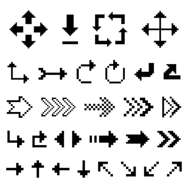 Set of black arrow directions pixel art 8 bit style