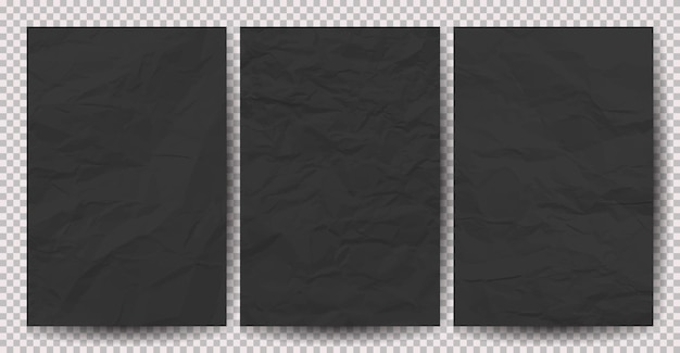Set of black clean crumpled papers