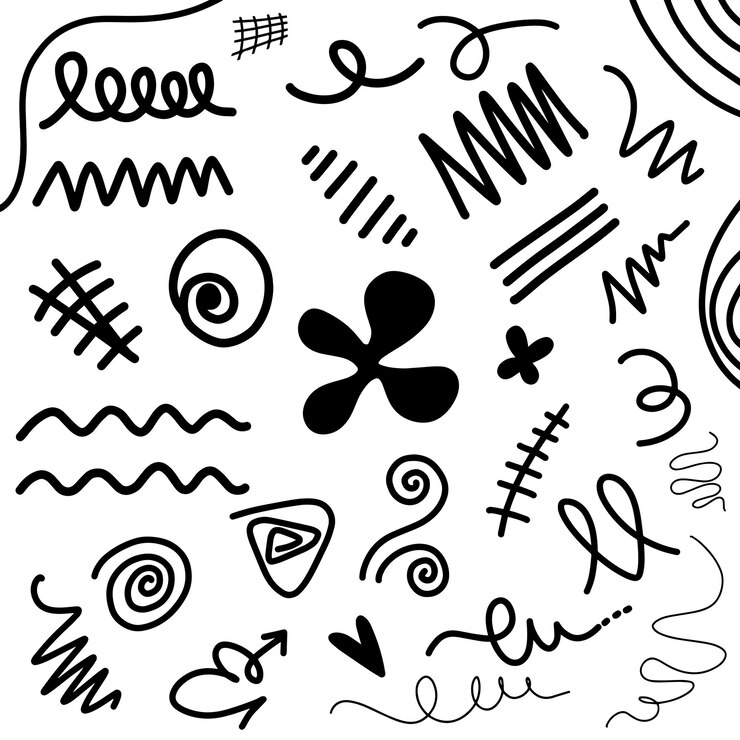Set of black hand drawn anime manga doodle grunge line elements curved charcoal chalk arrows