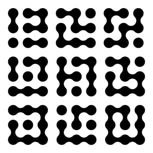 set of black liquid connected circle dotsmetaballs pattern on white abstarct geometric shapes