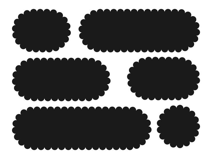 Vector set of black silhouette oval labels with scalloped edges template for minimalist designs branding