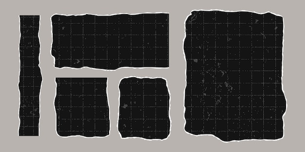 Set of black torn rectangular sheets of checkered paper with jagged edges Ripped grunge elements