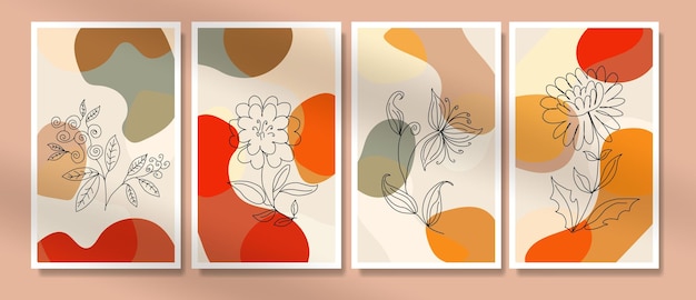 set of boho poster in minimal style with tropical leaf mid century