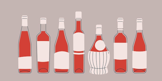 Set of bottles with red wine of various shapes and sizes Classic shaped glass wine bottles Isolated illustrations for wine design menus stickers etc