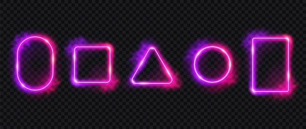 set of bright glowing neon frames design element with transparent light and smoke effect