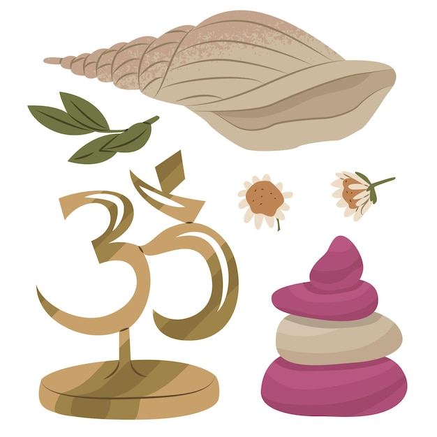 set of buddhist attributes om symbol pyramid of stones shell plant leaves eastern religion and philosophy vector illustration isolated on white background