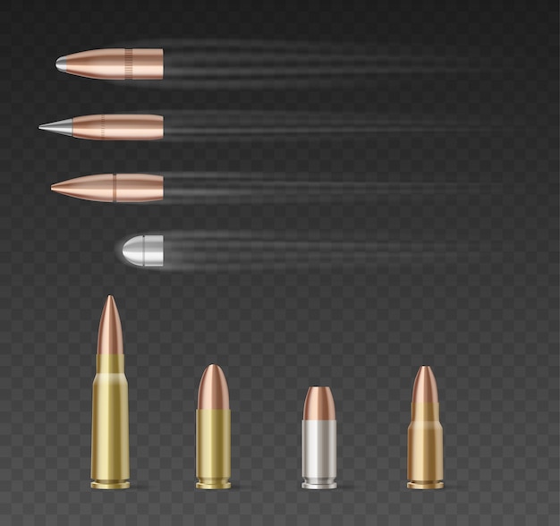 Set of bullets of different caliber over transparent background