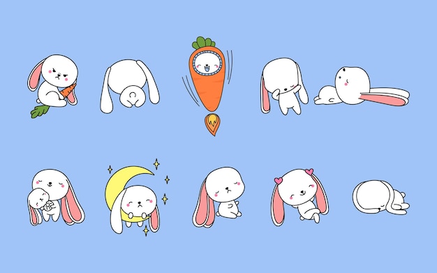 Set of cartoon isolated rabbit set of cute kawaii hare in funny cartoon style collection of cute