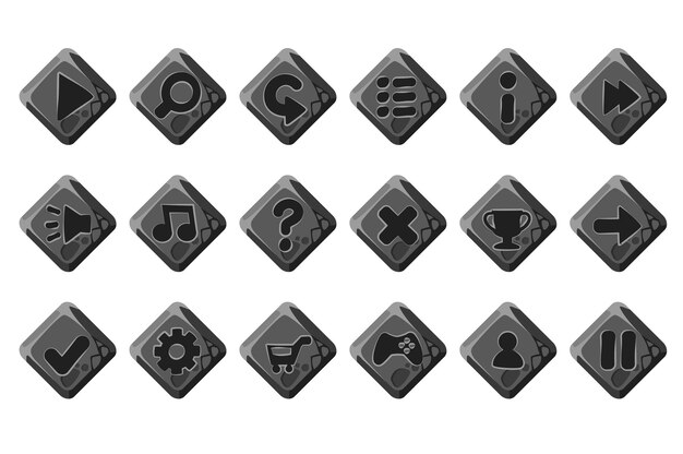 Set of  cartoon stone buttons for game menu. Isolated gray for interface.