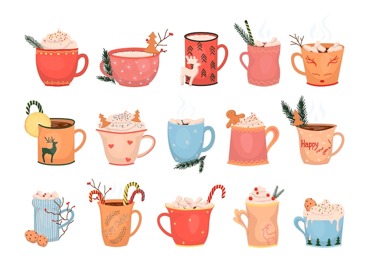 Vector set of christmas hot drinks in colorful mugs. detailed new years illustrations.