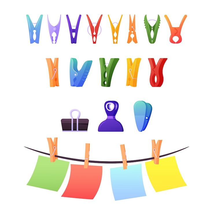 Vector set of clothespins, clips and pegs. colorful paper sheets hanging on rope