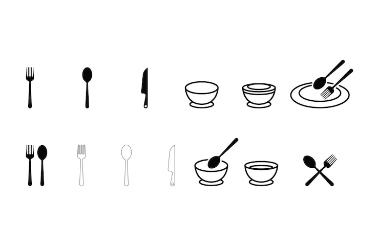 Vector set of collection icon tableware spoon and fork knife tea soup on white background