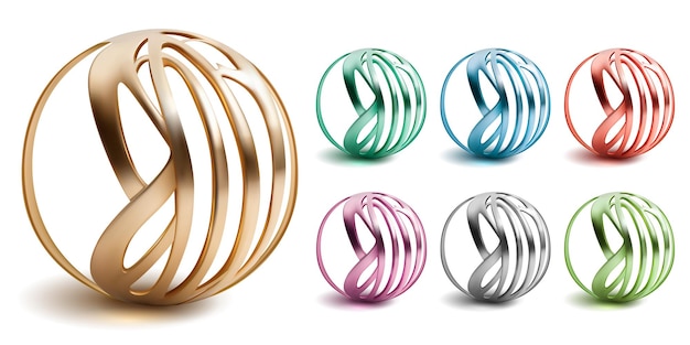 Set of colored abstract objects made of thin plates curved and intertwined in the shape of a spheres with shadows on a white background