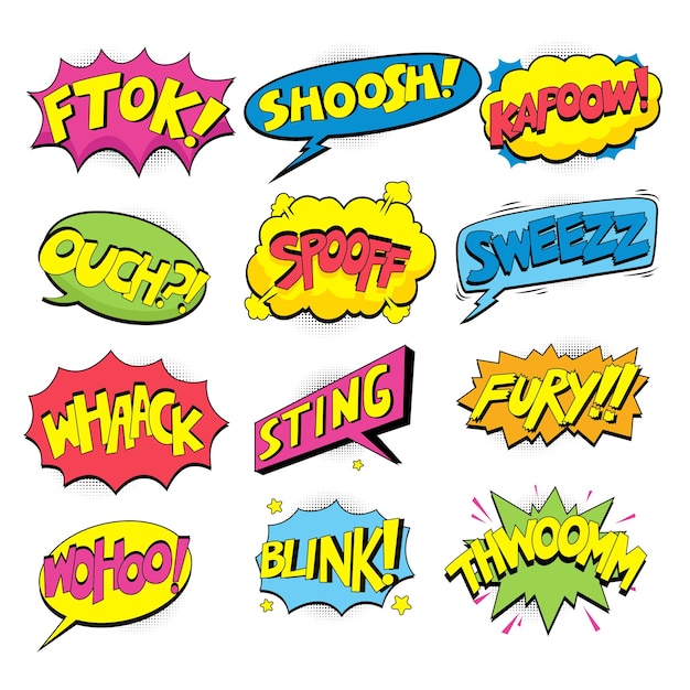 set of colorful comic speech bubbles pop art style, different shapes with halftone shadows.