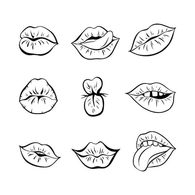 Set of contours of female lips with retro pop art style Mouth with a kiss a smile a tongue teeth Vector outline illustration