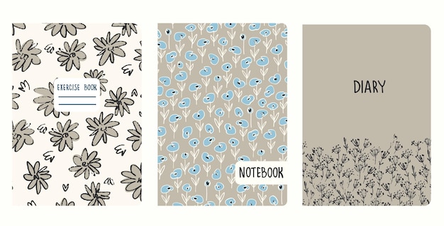 Set of cover page templates based on patterns with anemone other flowers inflorescences in Ditzy style Backgrounds for notebooks notepads diaries Headers isolated and replaceable