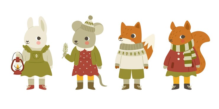 Set of cute baby animals in warm winter clothes Cartoon dressed christmas animals collection