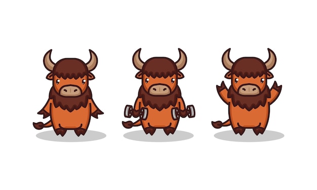 Set of cute baby bison chibi