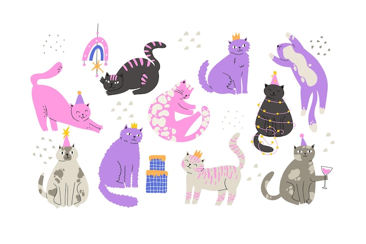 Set of cute birthday cats in hand drawn flat style vector illustration