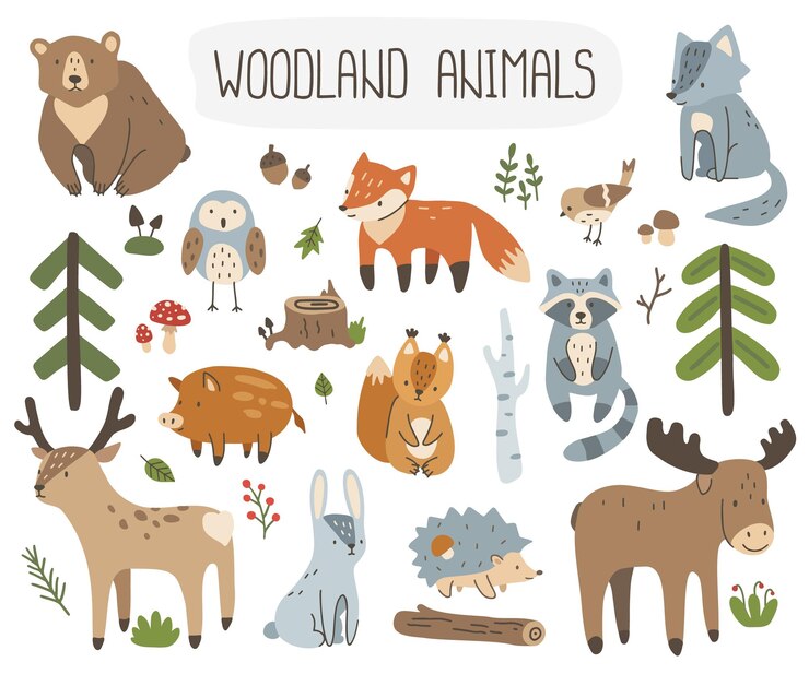 Set of cute forest animals and plants.