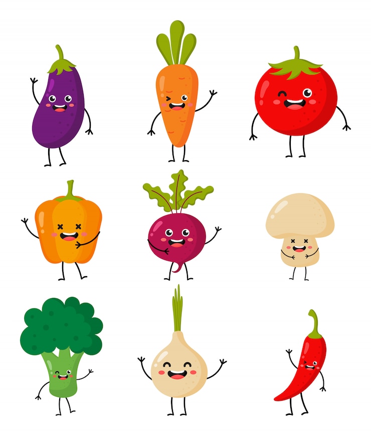 Vector set of cute funny cartoon vegetable characters kawaii style icons isolated on white. 