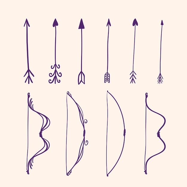 set of different bows and arrows in doodle style recurve and straight bow arrows with different tip
