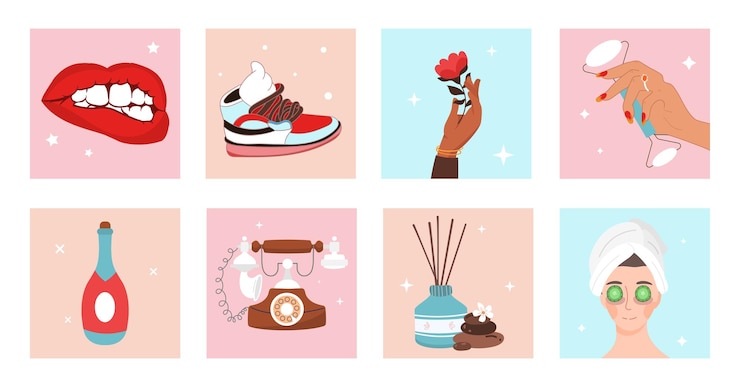 Vector set of different bright icons stylish stickers with lips rose scented candles girl and mezoroller