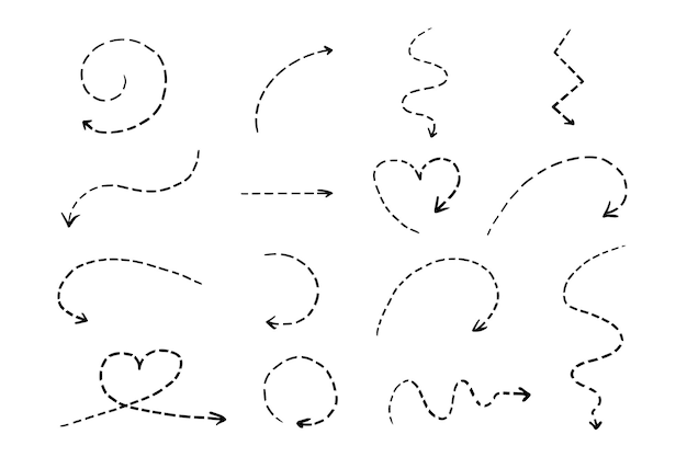 set of different dotted arrows in doodle style hand drawn vector illustration eps10 infographic