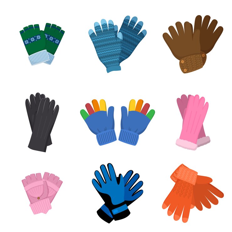 Vector set of different pairs of colorful gloves for kids or adults