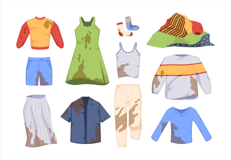 Vector set of dirty clothes jumper trousers shorts shirt or socks with spots blobs and stains isolated on white background