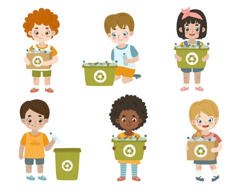 Set of eco friendly children sorting plastic waste for recycling.