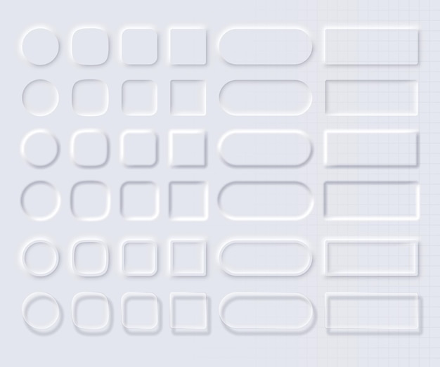 Set of editable elegant buttons in neomorphism and liquid glass styles Design elements for website navigation app navigation and mobile menus isolated on a light background Vector 3D illustration